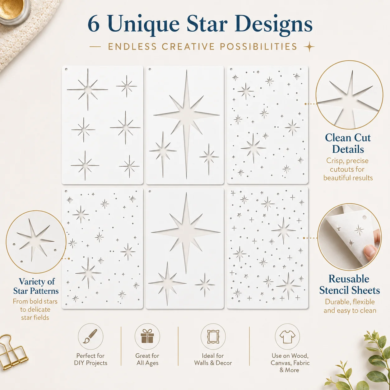 6PCS A4 스타 스텐실 세트 8.3 x 11.7인치 DIY 벽 목재 패브릭 캔버스 장 재사용 가능한 페인팅 템플릿
