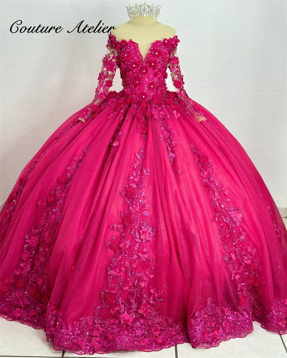 

Dark Pink 3D Flowers Three Quarter Sleeve Luxury Quinceanera Dress 2024 Ball Gown Charro Mexican Dress vestido de 15 quinceañera