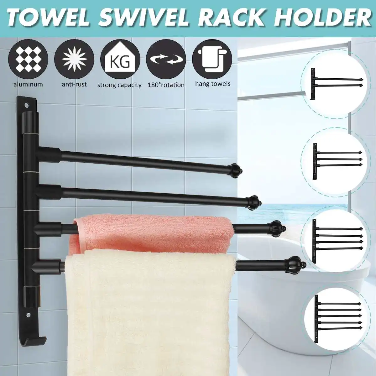 2/3/4/5 Arms Matte Black Bathroom Swivel Towel Bar Space Saving
