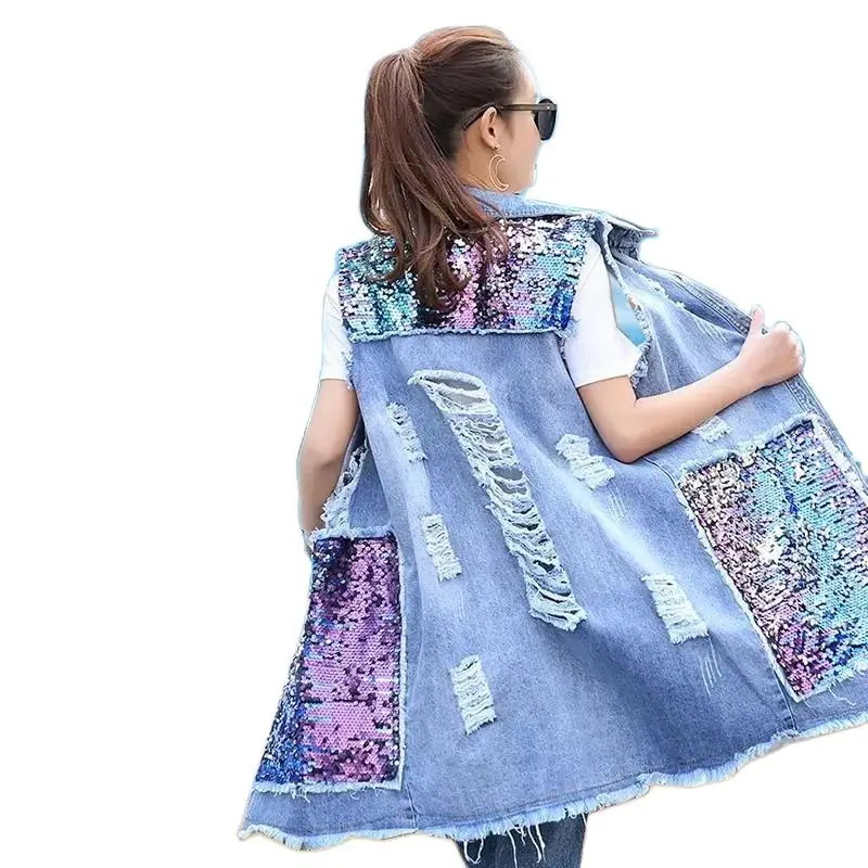 Denim Vest Mid-Length 2024 Spring Summer New Fashion Korean Version Coat Vest Women Sequins Outer Wear Cowboy Waistcoat 911