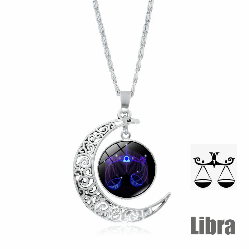 12 Constellation Necklace Zodiac Stainless Steel Cabochon Glass Crescent Moon Pendant Virgo Clavicle Necklace Libra Pisces Gift