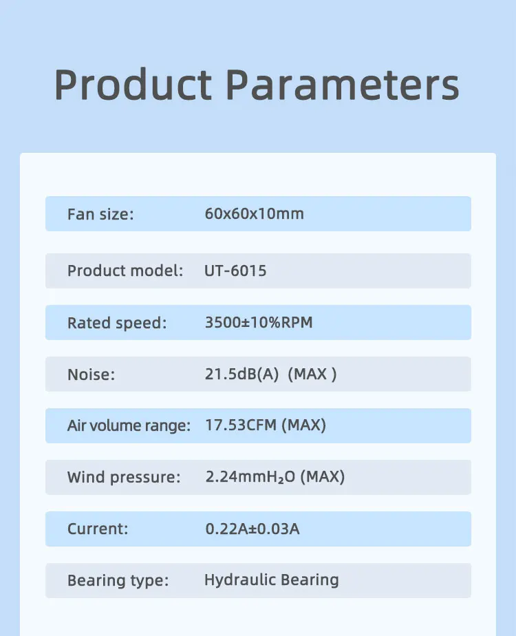 UT6010 Fan 12V 0.22A 60x60x10mm 3500RPM Suitable for Small Server, 3D Printers,