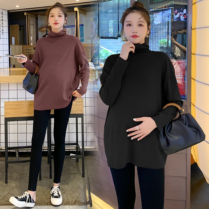 

2024 Winter Maternity High Collar Stripe Shirts Solid Color Long Sleeve Turtleneck Pregnant Woman Warm Tops Pregnancy Sweaters