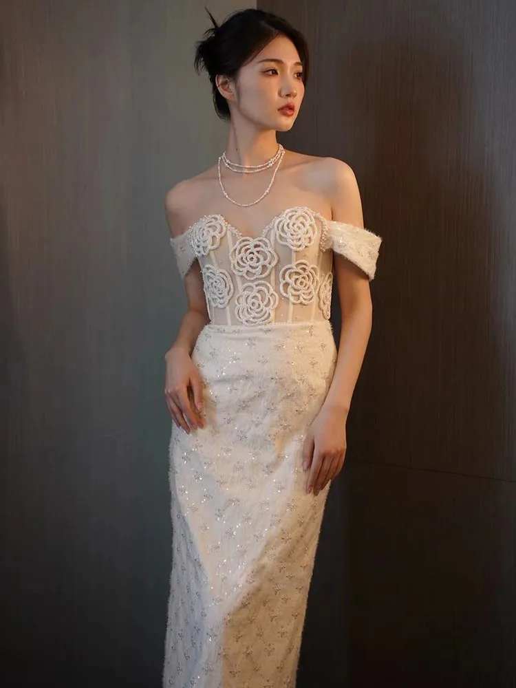 

off-Shoulder Light Wedding Dress Luxury Heavy Industry Banquet Temperament Slimming Fishtail Host Evening