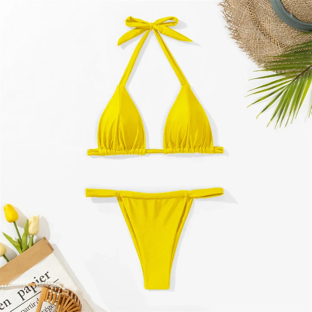 Bright Yellow Bikini Push Up Triangle Sets Bowknot Back Bandage Split Swimsuit Y2K Swimwear Women Beach Micro Thong Bathing Suit