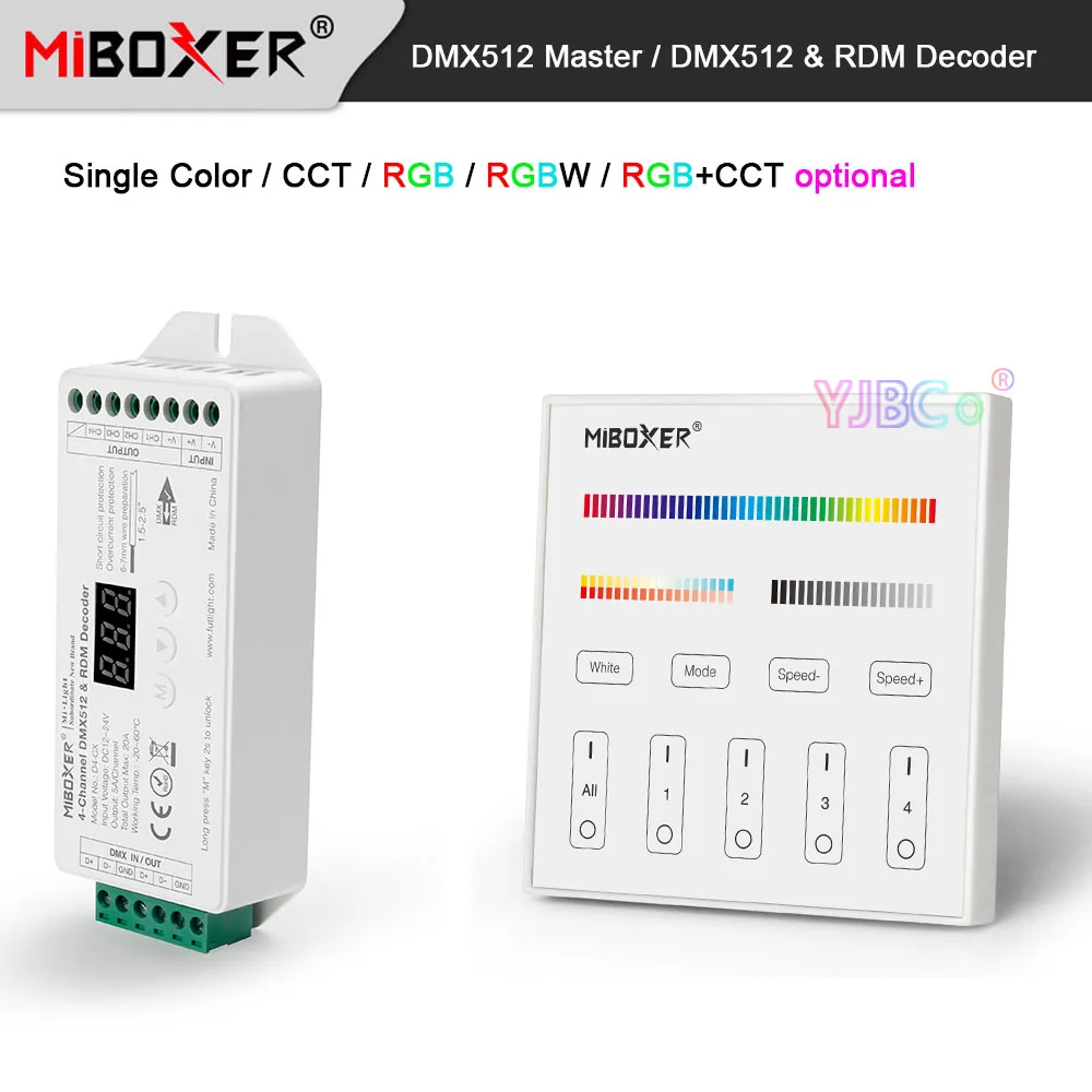 Miboxer Single Color/CCT/RGB/RGBW/RGB+CCT DMX512 Master 2.4G 86 Touch Panel Wall Switch Remote,1/2/3/4/5 CH DMX512&RDM Decoder