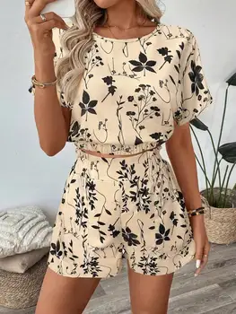 Women's T-shirt Shorts 2 Piece Set Spring Summer Short Sleeve Crop Top & High Waist Shorts Set Casual Streetwear Vacation Sets 1