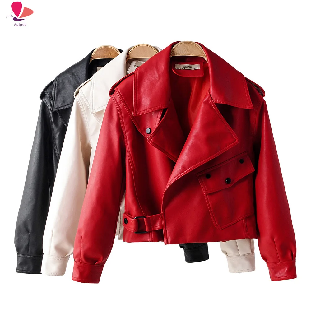 

New Autumn Women Faux Leather Jacket Pu Motorcycle Biker Red Coat Turndown Collar Loose Streetwear Black Punk Outerwear