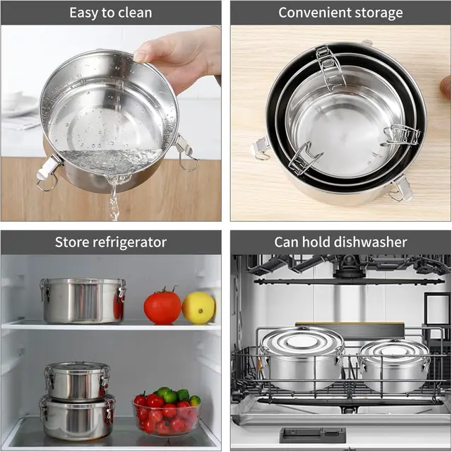 Boîte à déjeuner ronde pour micro-ondes avec couvercle, boîtes à Bento portables en acier inoxydable, conteneur de stockage des aliments anti-fuite, bol, conteneurs de pique-nique 6