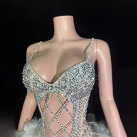 Women Luxury Rhythmic Gymnastics Leotards Bling Bling Glitter Diamonds Cut Out Bodysuit With White Feathers Nightclub Costumes - Image 5