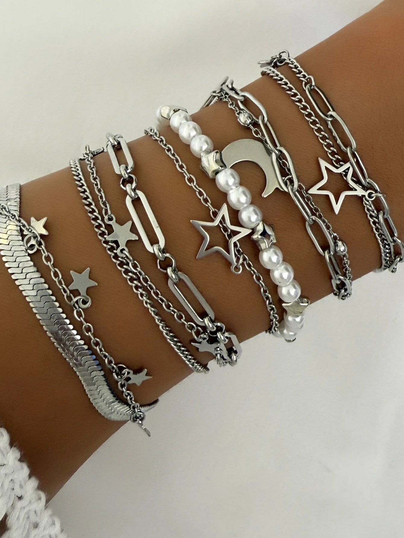 Stainless Steel Minimalism Bracelet Set Star Moon Charms Jewelry