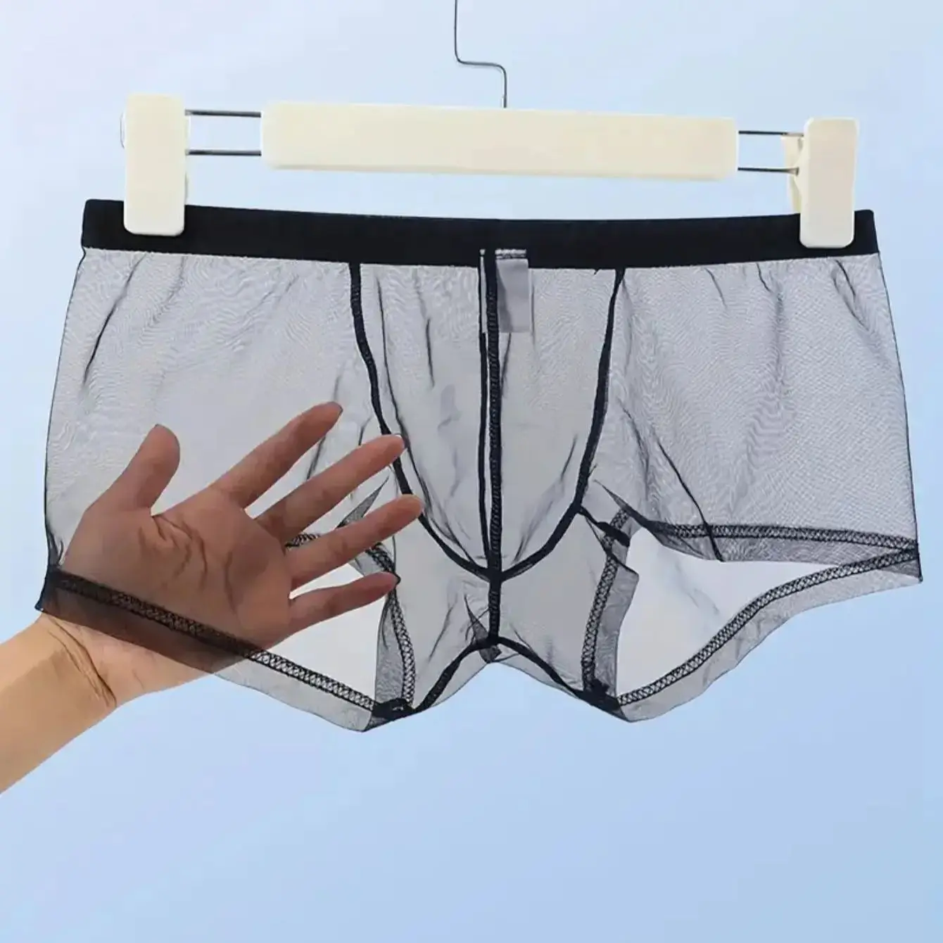 Men's see through mesh underwear, transparent, sexy, breathable, comfortable, short shorts, available in black and white colors