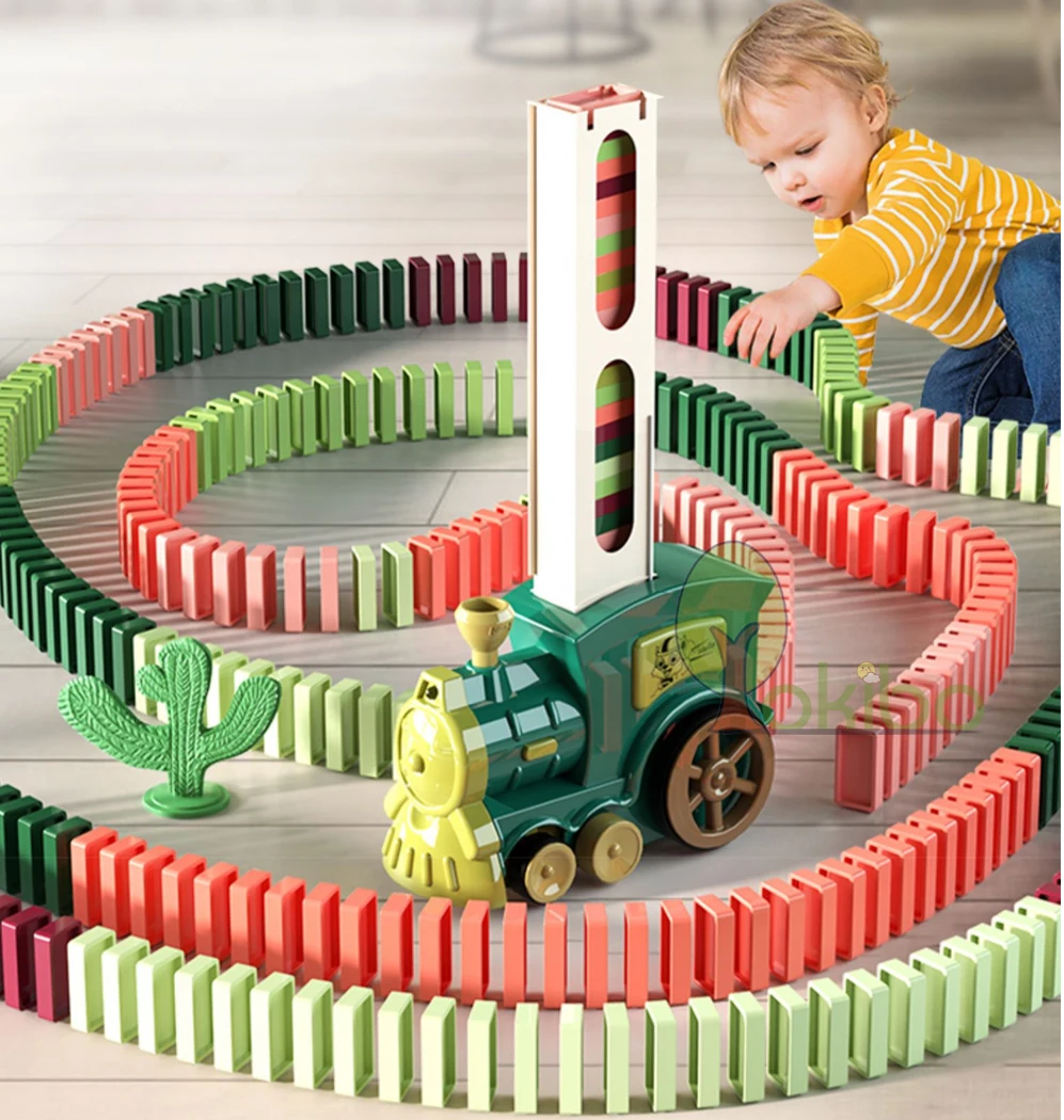 Kids Domino Train Car Set Sound Light Automatic Laying Domino Brick