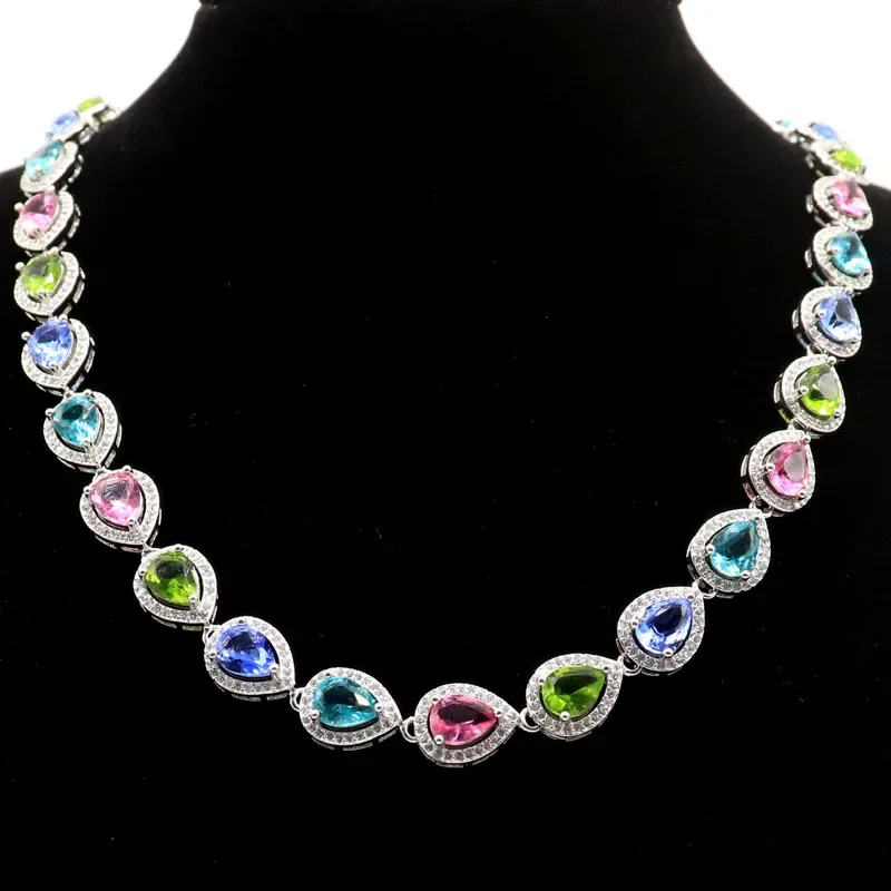 37g 925 SOLID STERLING SILVER Customized necklace Colorful Aquamarine Peridot Violet Tanzanite Tourmaline Kunzite CZ Women  18.5