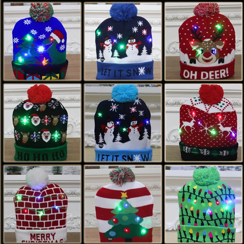 Adults Children Christmas Hat Glowing LED Christmas Knitted Hat Santa Claus Tree Elk Gift