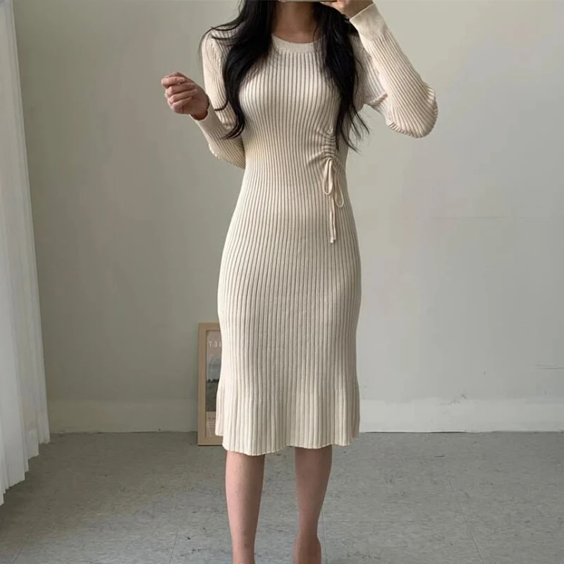 

Женское трикотажное платье-Русалка, однотонное элегантное Простое Повседневное платье средней длины с длинными рукавами и кулиской, модель J229 в Корейском стиле на осень