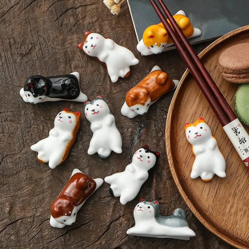 Japanese Shiba Inu Chopsticks Holder Animal Series Ceramic Table Decorative Ornaments Home Kitchen Spoon Rest Cute Tea Pets tea pet ornaments