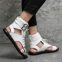 Sandales gladiateur en cuir pour hommes, chaussures romaines en liège, tongs de plage, bottes de rinçage, noir et blanc, marque de créateur, marche, été 5