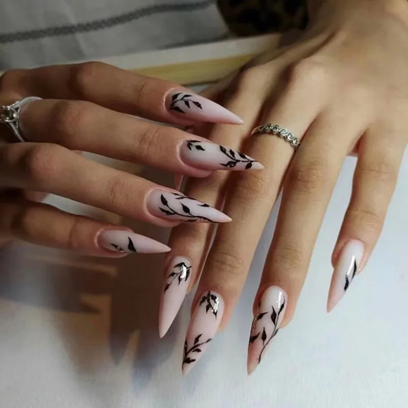 Nude Color Glossy Wearable Nail Art Black Tree Leaf Long Stiletto Press On Nails Detachable Finished False Nails With Glue