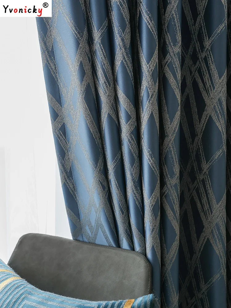High-end Luxury Geometric Pattern Blackout Curtains for Living Room Bedroom Nordic Jacquard Gold Thread Blue Window Drapes