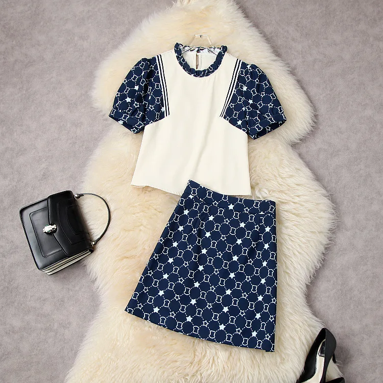 

European and American women's wear spring 2022 new Short sleeve bubble sleeve stand collar T-shirt Printed skirt Fashion suit