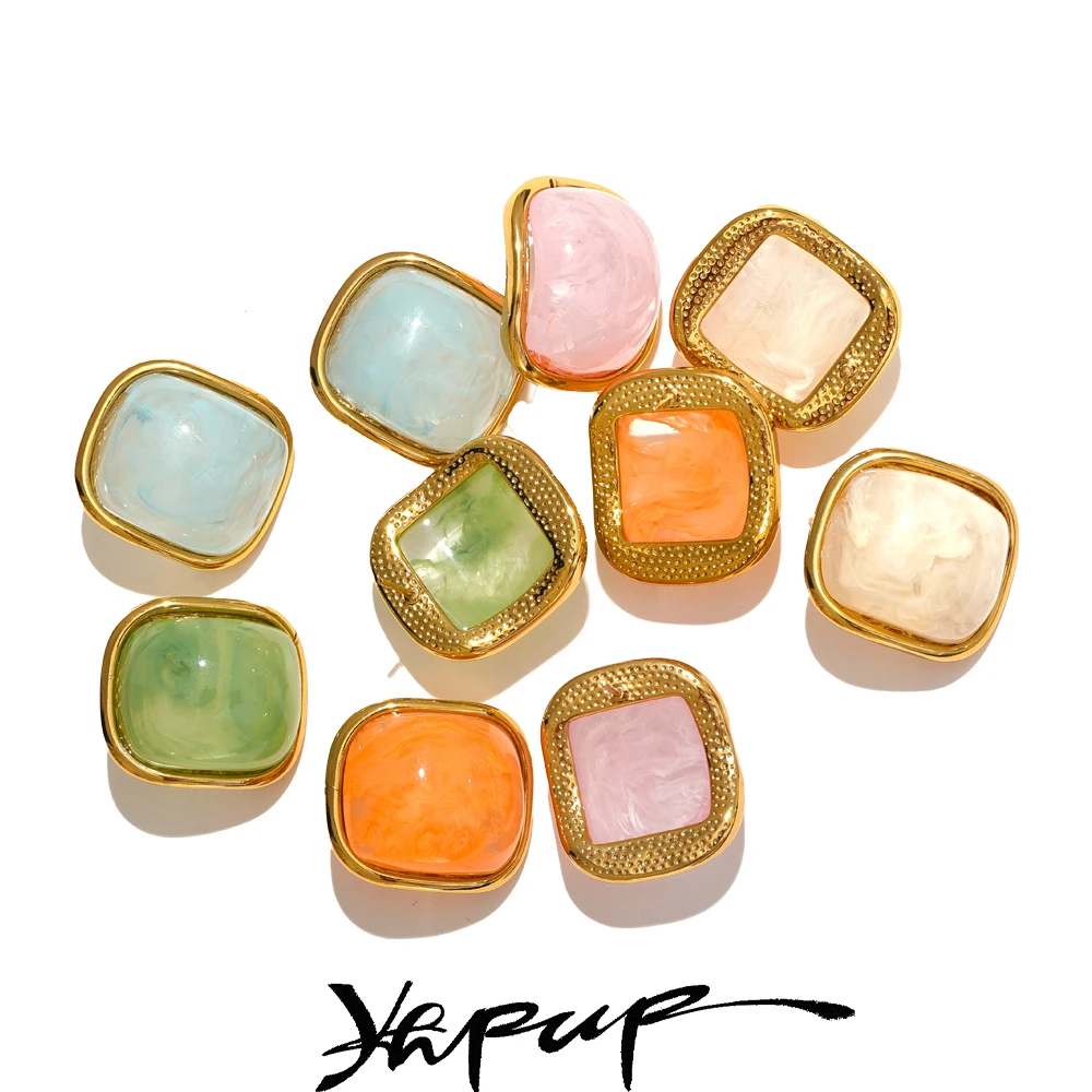 Yhpup Y2K Colorful Resin Square Golden Stud Earrings Women Summer
