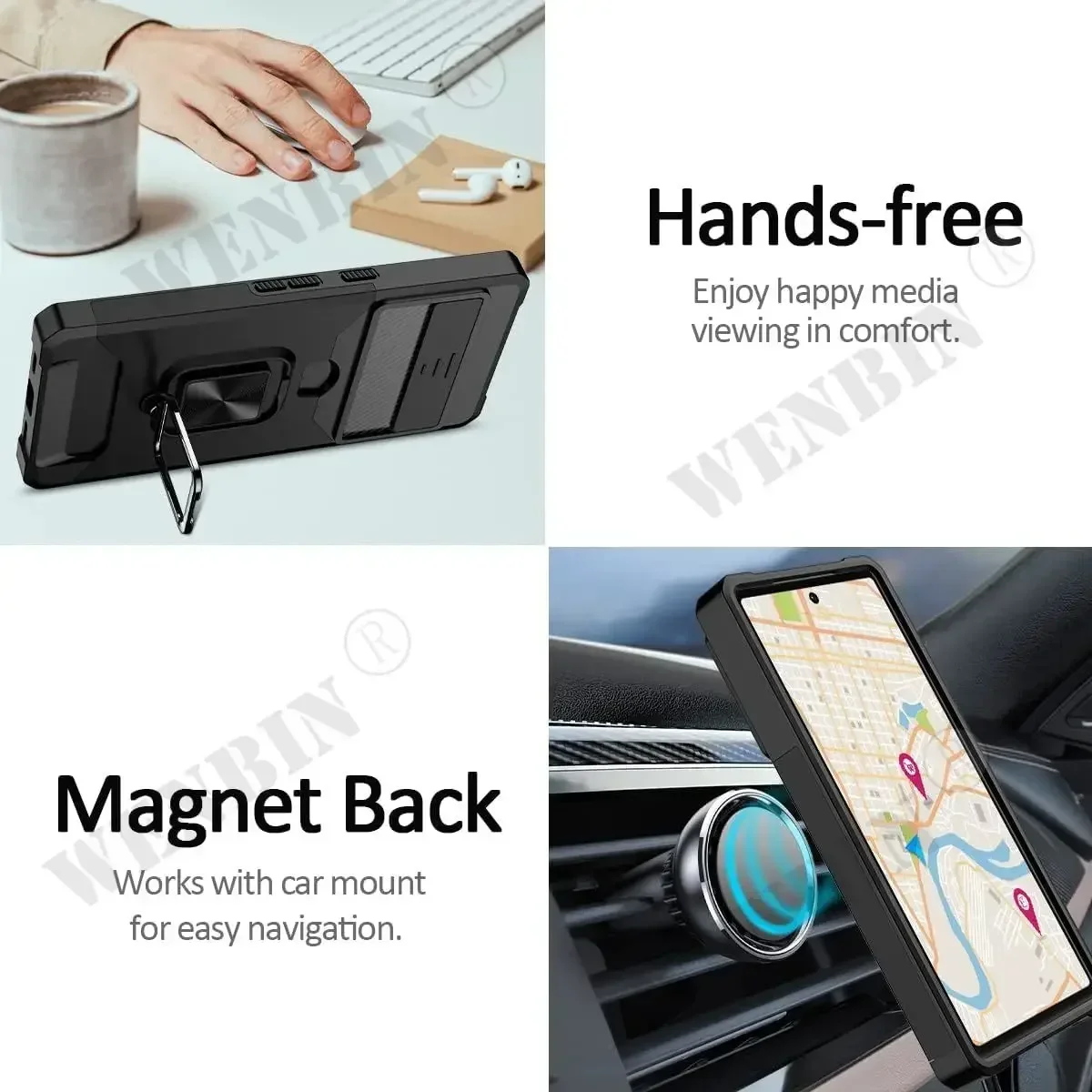 All-in-One Heavy Duty Protective Case with Sliding Camera Cover, Card Holder, and Magnetic Kickstand Ring for Ultimate Durability and Convenience