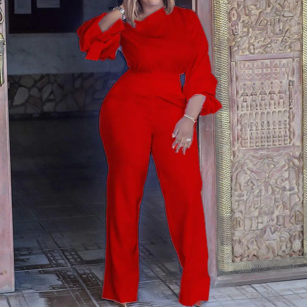 Temperament Commuting High Waist Wide Leg Long Pants Cow Oblique Shoulder Long Sleeve European and American jumpsuit Large Women
