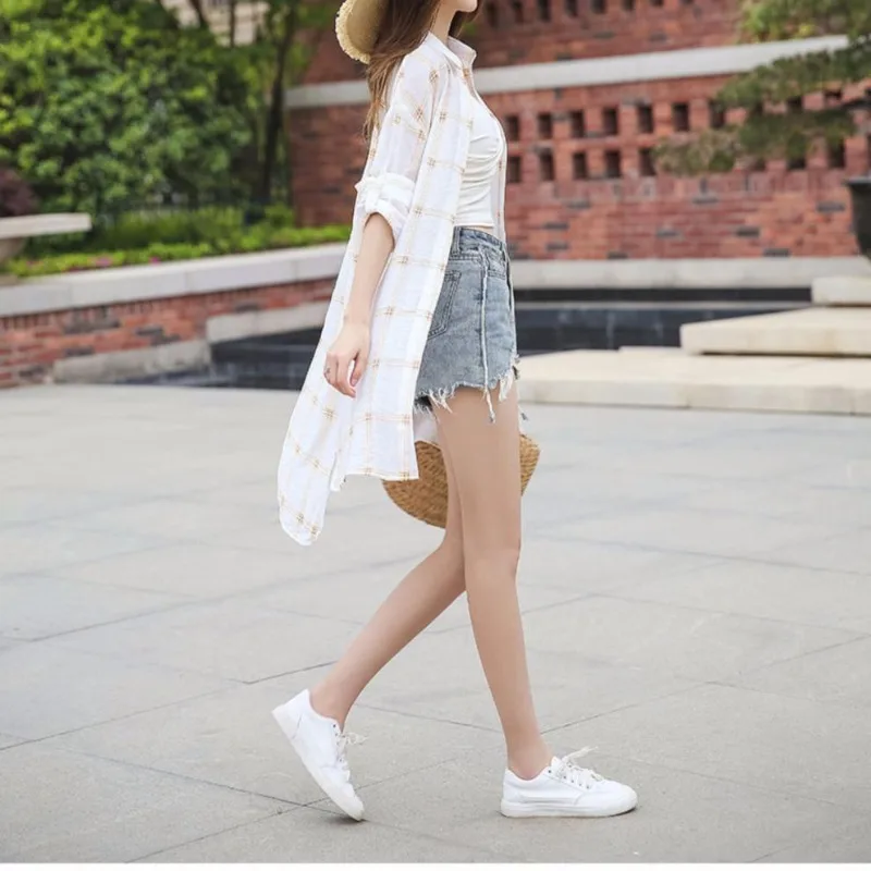 Korean Commuter Plaid Blouses Summer New Loose Sunscreen Clothing Women's Polo Neck Button Pockets Long Sleeve Mid-length Shirts