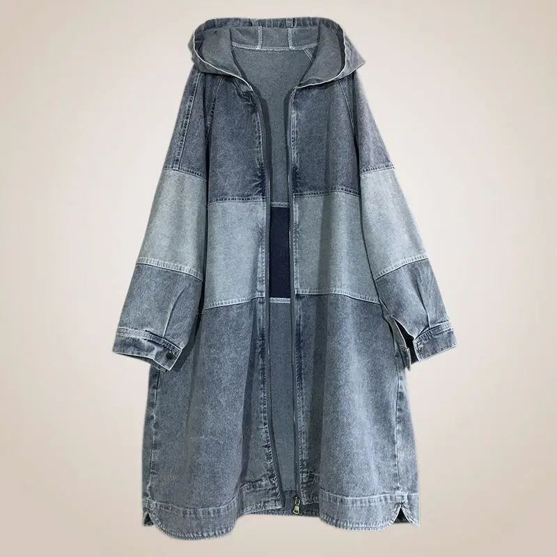 

2023 Spring Autumn Loose bf Hooded Contrast Long Denim Trench Coat Large Size Women's Clothing Casual Windbreaker Coats AC676