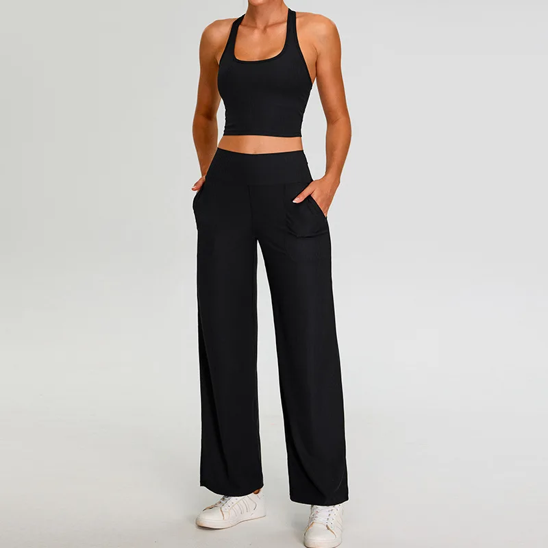 Ribbed Yoga Set Women's Sportswear 2 Piece Running and Fitness Set Gym Workout Clothes High Waisted Yoga Pants High Impact Bra