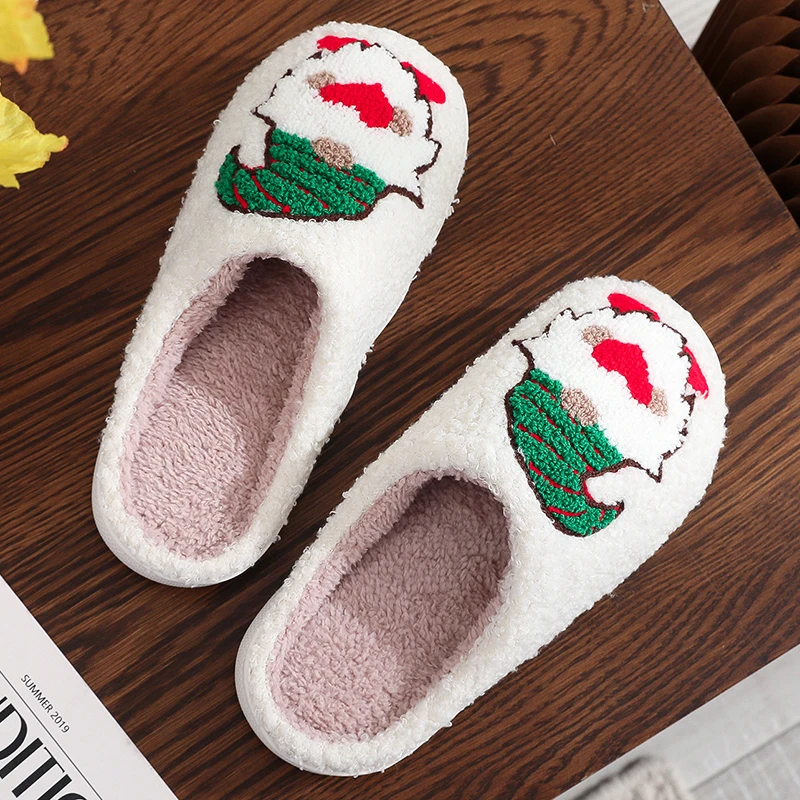 Funny Pattern Christmas Plush Slippers Women Cozy Soft Sole Furry Cotton Slippers Woman Non Slip Flat Heel Home Shoes Female