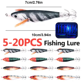 5-20PCS Luminous Artificial Squid Hook Horizontal Prawn Hook 70mm Wood Shrimp Cuttlefish Hard Bait for Cuttlefish Sea Fishing 2