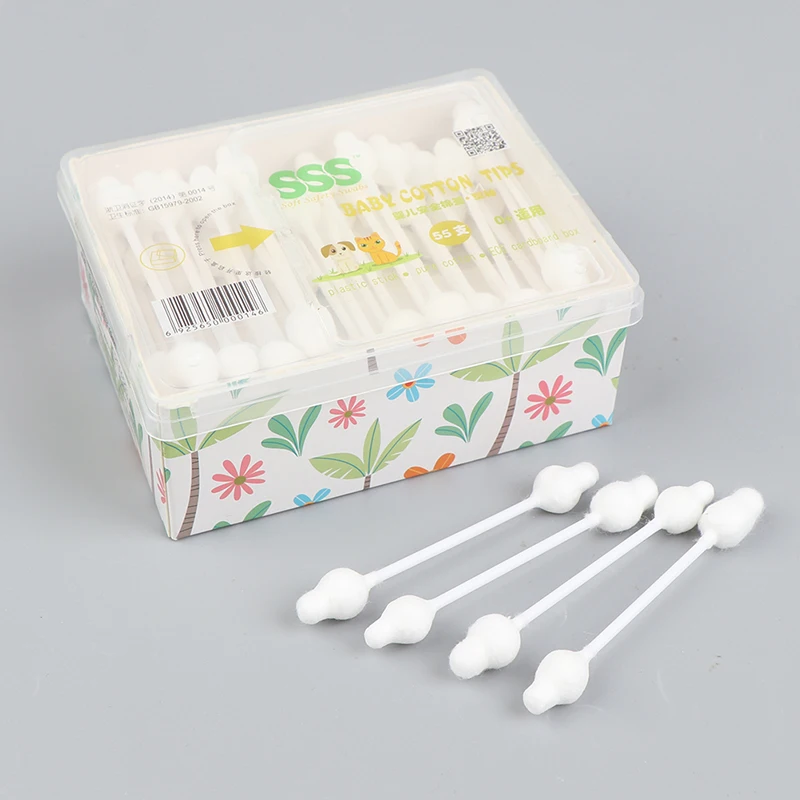 55pcs Safety Baby Cotton Swab Gourd Shape Clean Ears Sticks Medical Buds Tip Swabs Box Plastic |