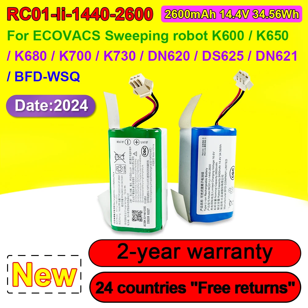 

Фонарь-аккумулятор 2600 для робота-пылесоса ECOVACS K600 K650 K680 K700 K730 DN620 DN621 DS625 RC01-li-1440 2600mAh 14,4 V 34.56Wh