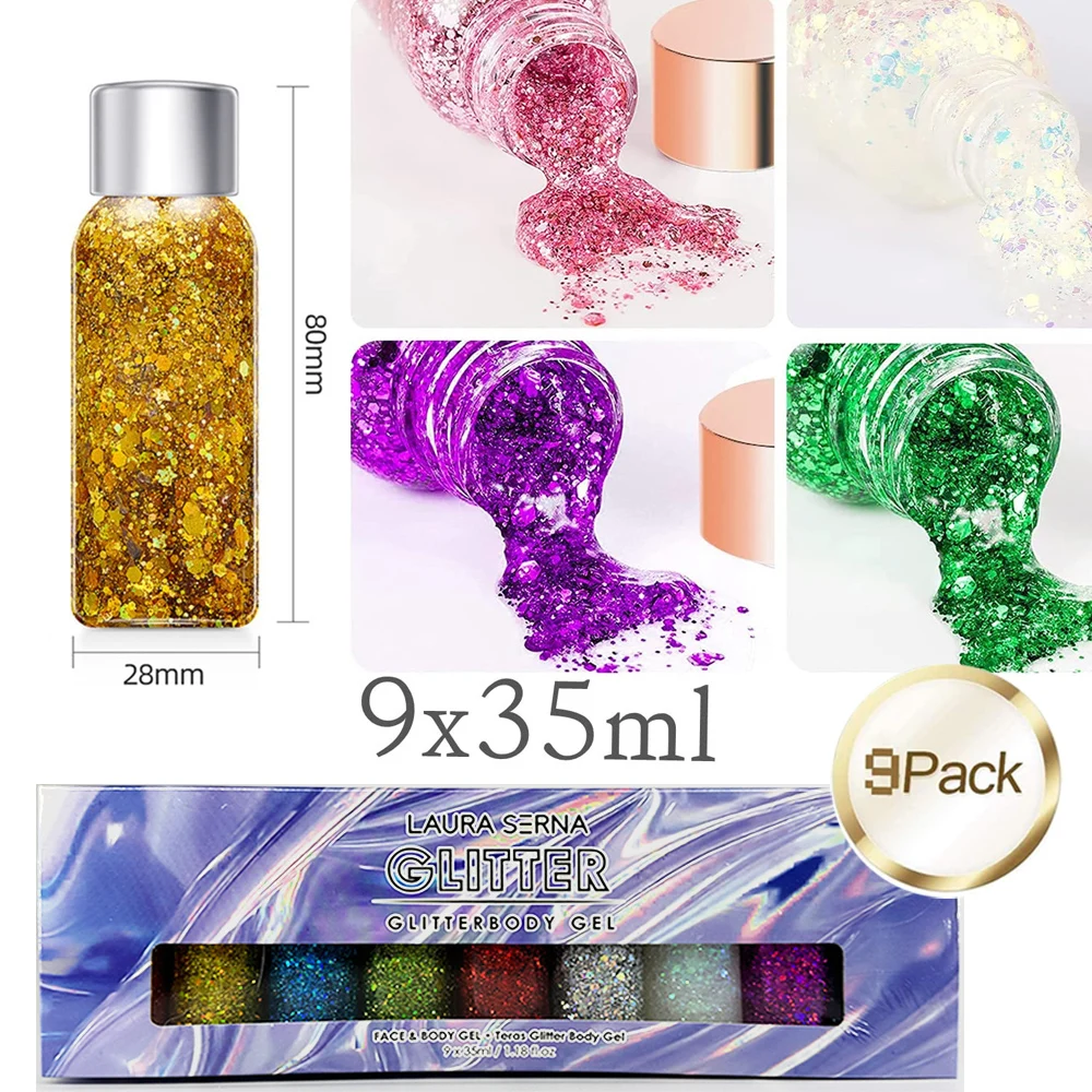 9 Pack Body Glitter Gel Face Hair Nail Lip Glitter Gel Lasting Sparkling Liquid Eye Shadow For Festival Party Glitter Bar Makeup 3
