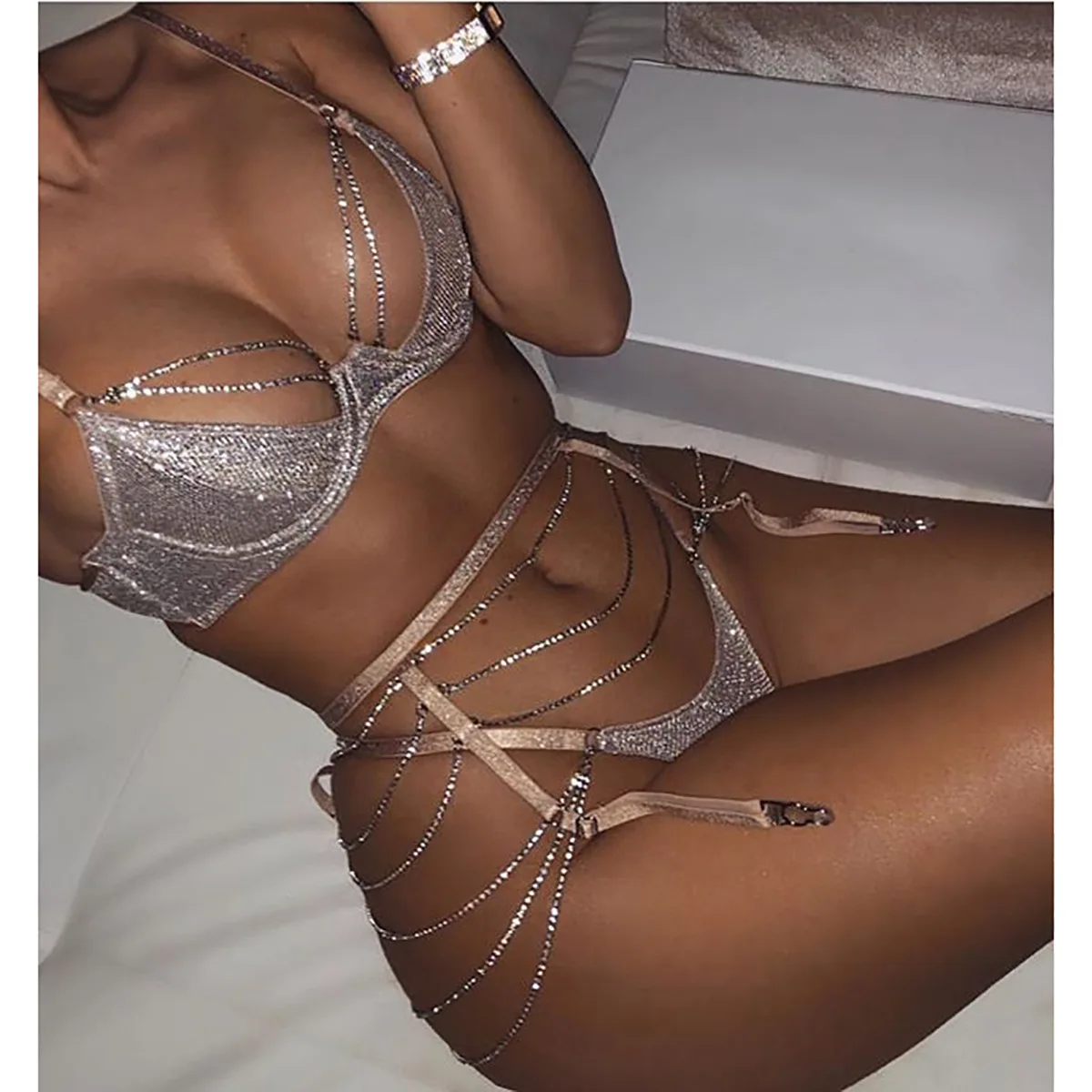 

Sexy Lingerie Women Lace Open Bra with Rhineston Set G-String Underwear Nightwear Bra & Brief 3 Pcs Sets