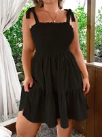 plus Size Ladies Solid Elastic Strap Butterfly Knot A-Line Halter Dress Vacation Gown Women's plus Size Clothing - Image 2