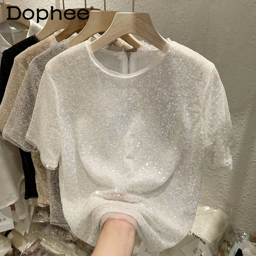 

2023 Summer New Heavy Embroidery Sequins Shiny T-shirt Small Tees Women's Short Sleeve High-Grade Chic French Style Pullovers