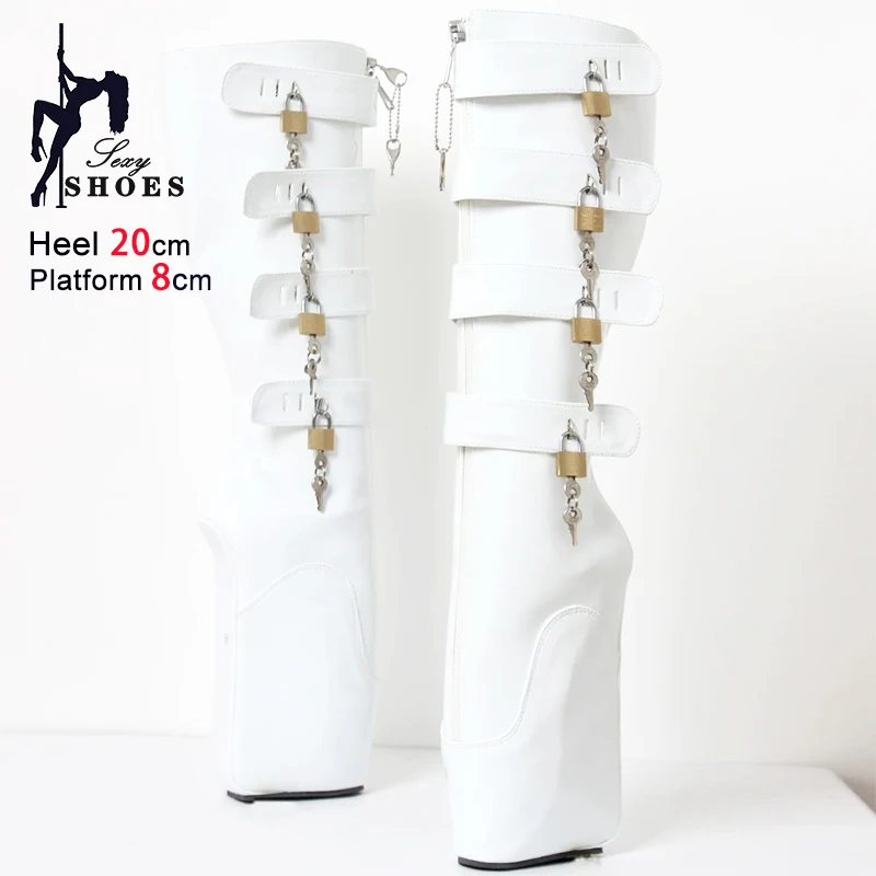 Size 46 Ballet Boots Women 20CM Super High Hoof Heelless Platform Shoes Sexy Wedge Heel Lockable Fetish Knee High SM Slave Boots
