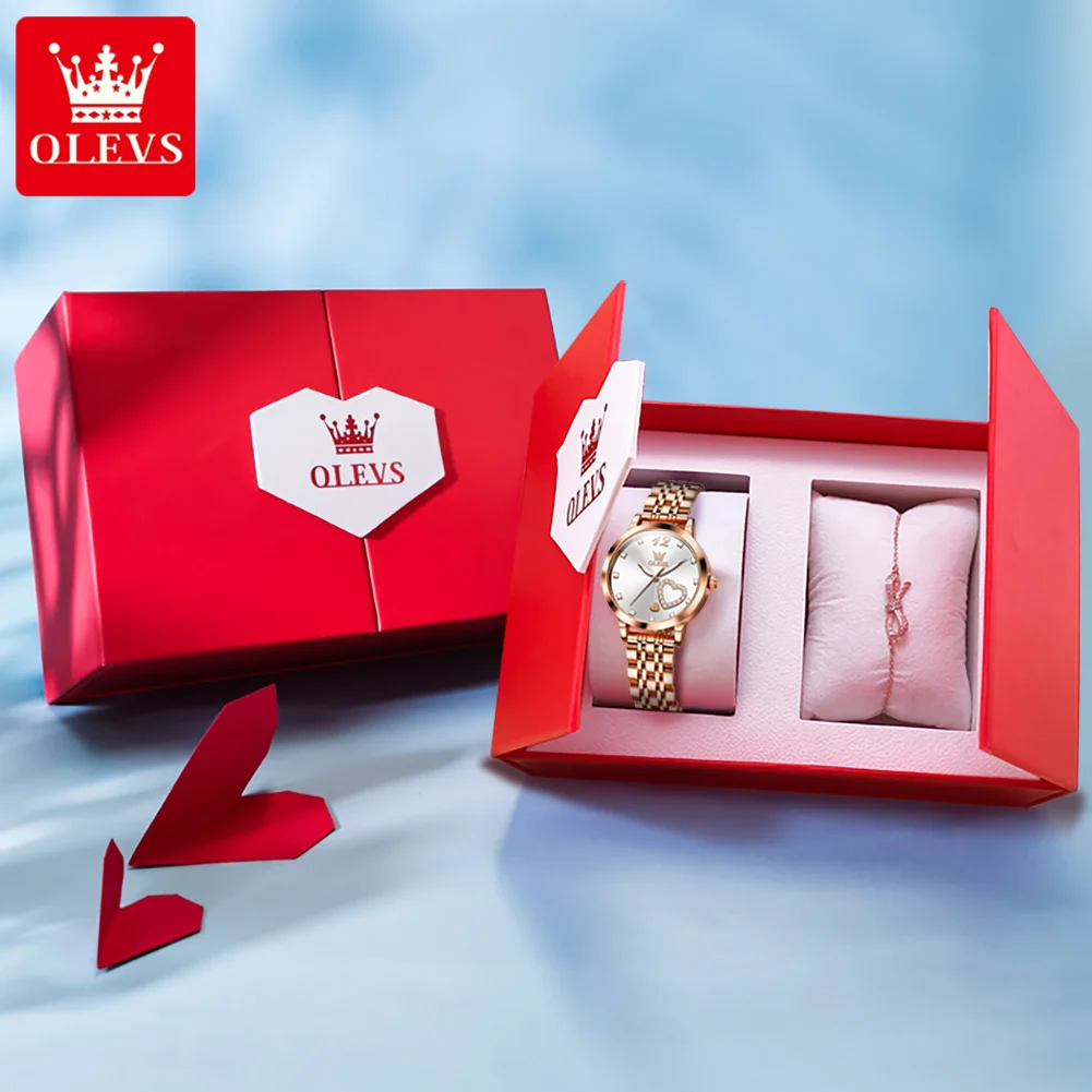 Luxury Stainless Steel Ladies Wristwatch Diamond Love Heart Design Water Resistance Luminous Woman Watch Box Set Gift for Women
