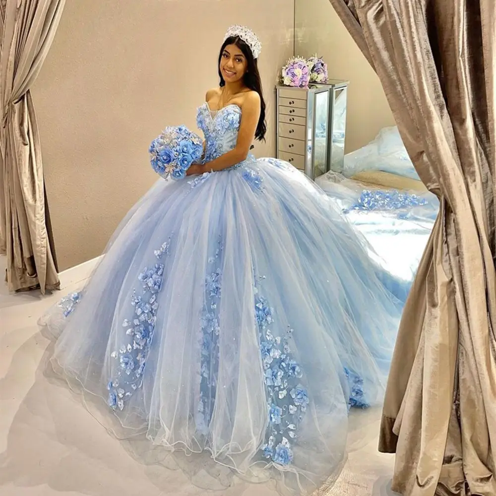 

ANGELSBRIDEP небесно-голубое милое платье Quinceanera платья для вечеринок платья 15 лет корсет с 3D цветочной кружевной аппликацией на спине