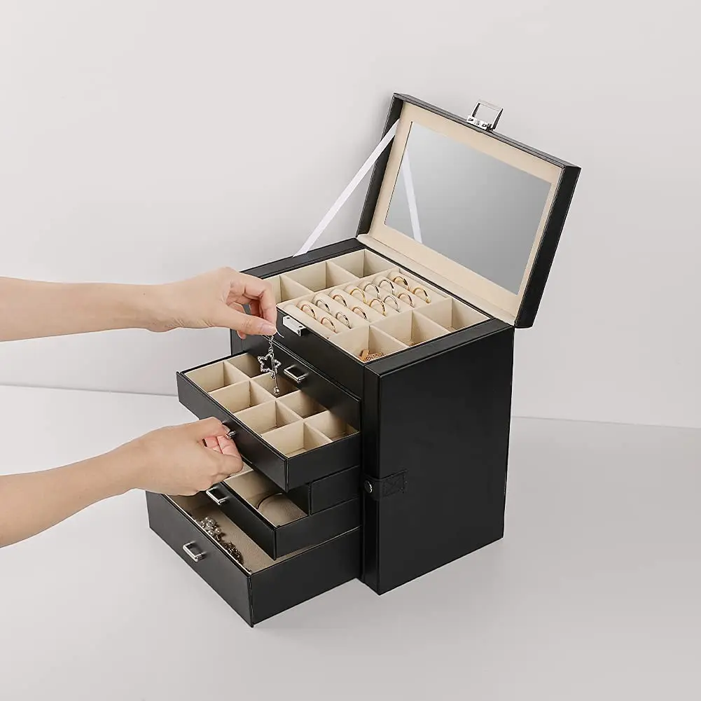 Large Jewelry Box,6-Tier PU Leather Jewelry Organizer with Lock,Multi-functional Storage Case with Mirror,Accessories Holder wit