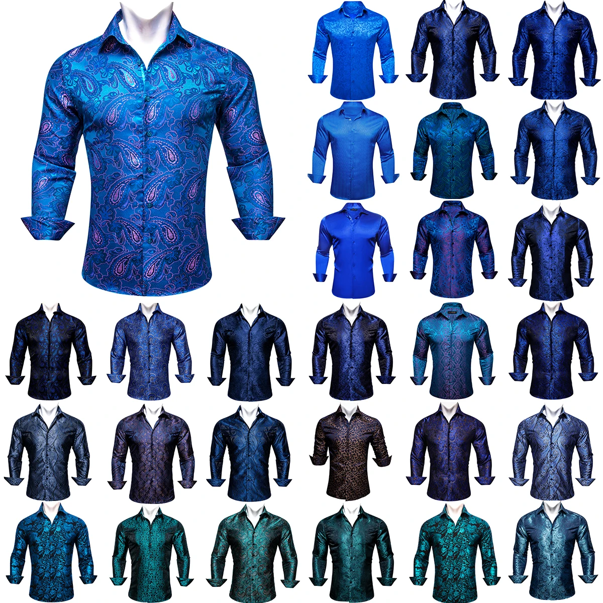 Luxury Shirts for Men Blue Silk Embroidered Paisley Flower Long Sleeve Slim FIT Male Blouses Casual Tops Clothing Barry Wang