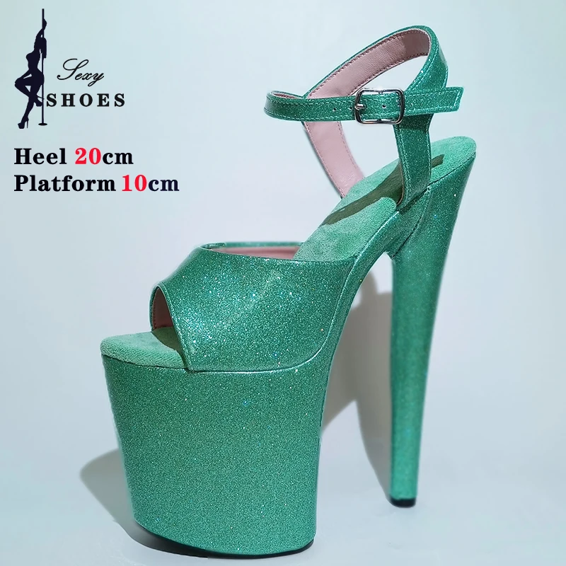 20CM Sexy Sandals Shiny PU Summer Fashion Buckle Strap Platform High Heels Women Sexy Peep Toe Extreme Stripper Pole Dance Shoes