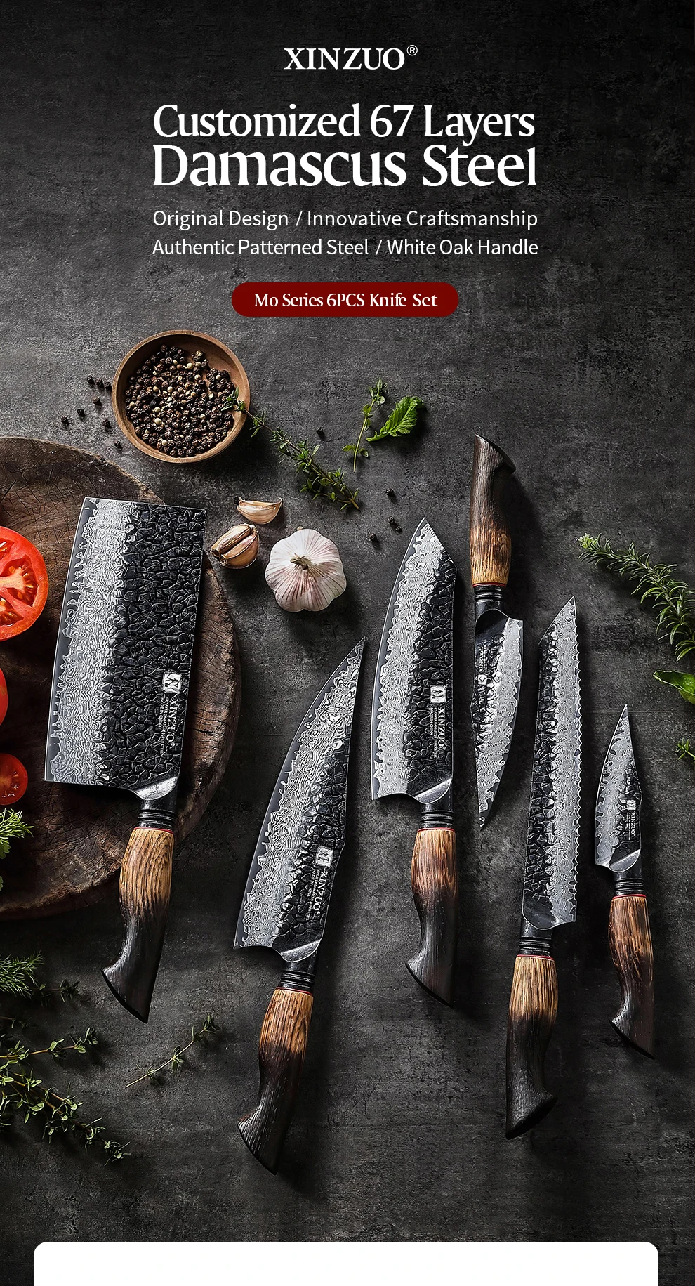 Damascus Knife Set - 67-Layer Steel with White Oak  Red G10 Handles 1-6 Pieces