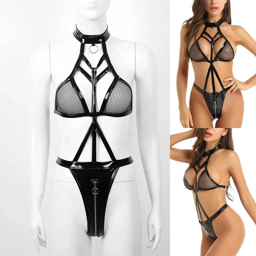 Women Sexy Lingerie Babydolls Dress Underwear PU Leather Dress Erotic Costumes Sex Clothes Dance Clubwear Latex Bodysuits women underwear sexy lingerie