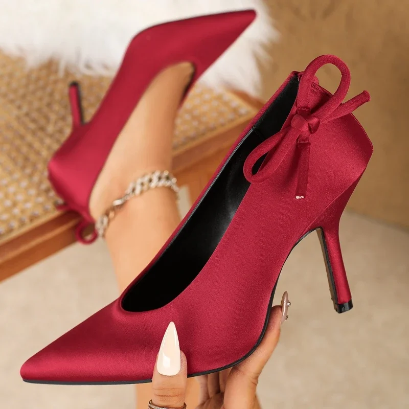 Elegant Red Satin Bow Pumps Women Fashion Pointed Toe Shallow Thin Heel Brand Designer Shoes Comfort Wedding Bridal Dress Shoes 2 Elegant Red Satin Bow Pumps Women Fashion Pointed Toe Shallow Thin Heel Brand Designer Shoes Comfort Wedding Bridal Dress Shoes - Image 2