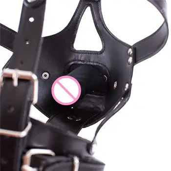 SM Slave Roleplay Headgear Fetish Leather Half Face Hood Masks With Penis Gag,BDSM Bondage Head Wrap,Hollow Hood Masks, Sex Toys 6