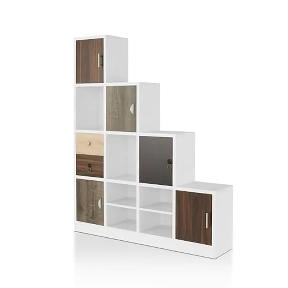 

Modern 10-Cube Storage Bookcase with Drawer L Shaped Corner Display Shelves 4-Tier Organizer Shelf White Wood Handles Mounting